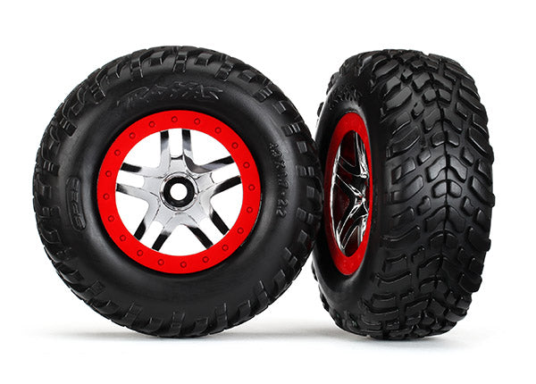Traxxas 5977 Tires on Red and Chrome Beadlock SCT Wheels for Slayer Pro 1 Pair