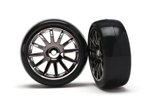 Traxxas 7573A 12 Spoke Black Chrome Wheels with Slick Tires 2 Pack for 1/18 LaTrax Rally Car