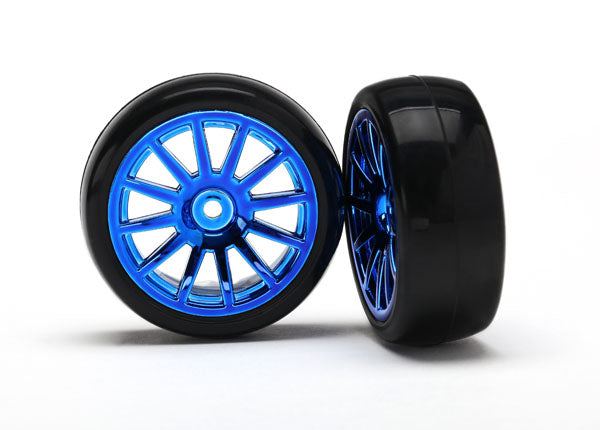 Traxxas 7573R 12 Spoke Blue Chrome Wheels with Slick Tires 2 Pack for 1/18 LaTrax Rally Car