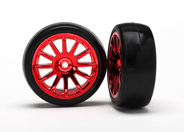 Traxxas 7573X 12 Spoke Red Chrome Wheels with Slick Tires 2 Pack for 1/18 LaTrax Rally Car