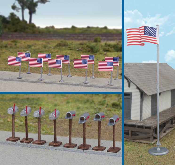 Walthers 949-4166 HO Scale US 50 Star Flags and Mailboxes