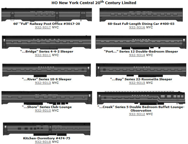 Walthers HO Scale New York Central 1948 20th Century Limited 9 Car Set - NOS