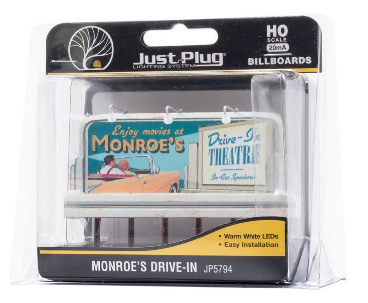 Woodland JP5794 HO Just Plug Lighted Billboard Monroe's Drive In Theater