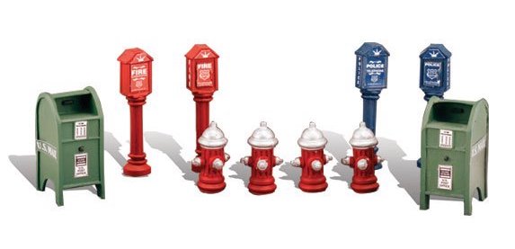 Woodland Scenics A1960 HO Scale Figures Street Items Fire Hydrants and Fire and Police Call Boxes
