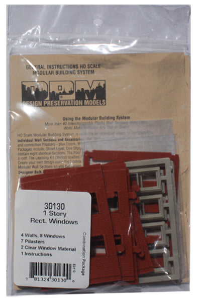 Woodland Scenics DPM 30130 HO Scale One Story Wall Sections - 2 Rectangle Windows 4-Pack