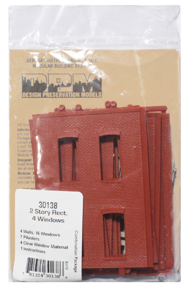 Woodland Scenics DPM 30138 HO Scale Two Story Wall Sections - 4 Rectangle Windows 4-Pack
