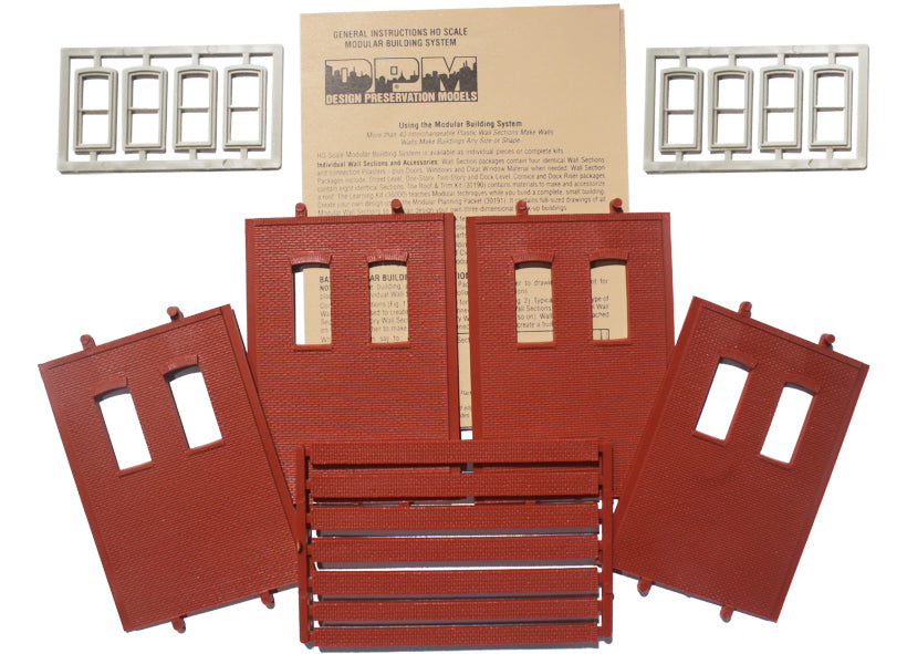 Woodland Scenics DPM 30139 HO Scale Two Story Wall Sections - 2 High Rectangle Windows 4-Pack