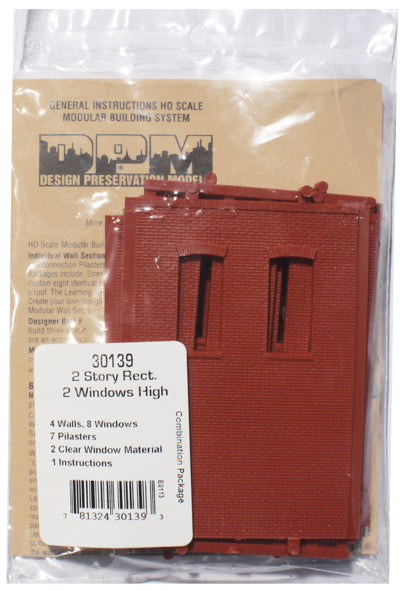 Woodland Scenics DPM 30139 HO Scale Two Story Wall Sections - 2 High Rectangle Windows 4-Pack