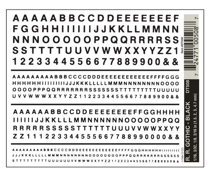 Woodland Scenics DT508 Dry Transfer Decals - Railroad Gothic Letters, Black
