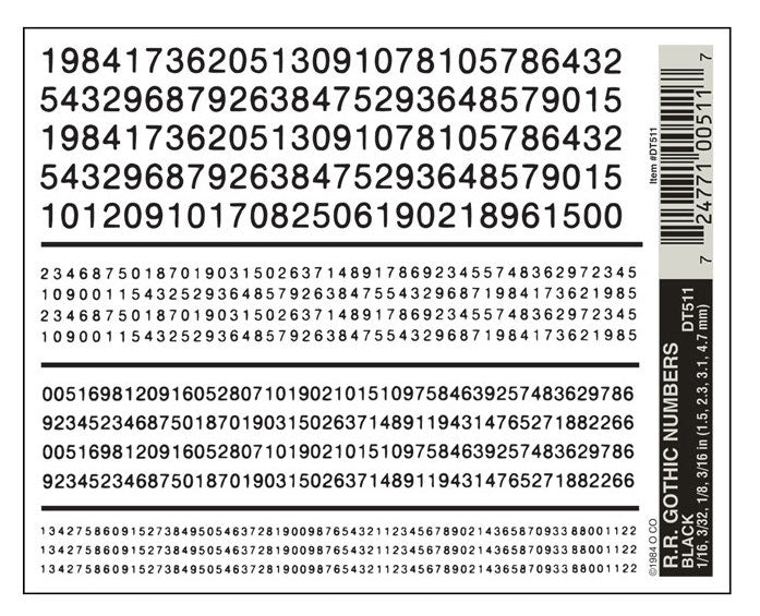 Woodland Scenics DT511 Dry Transfer Decals - Railroad Gothic Numbers, Black