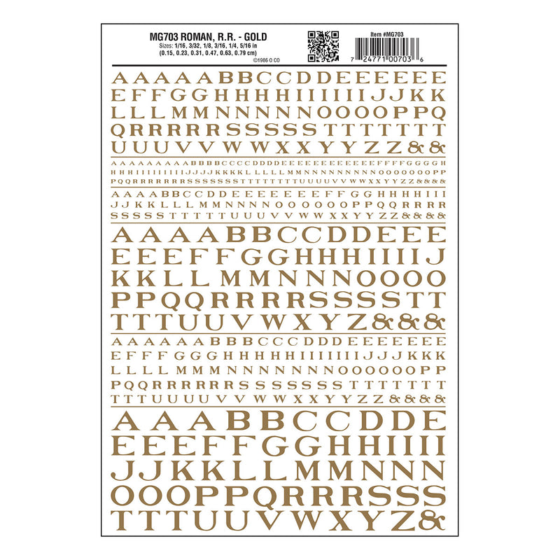 Woodland Scenics MG703 Model Graphics, Roman Letters, Gold