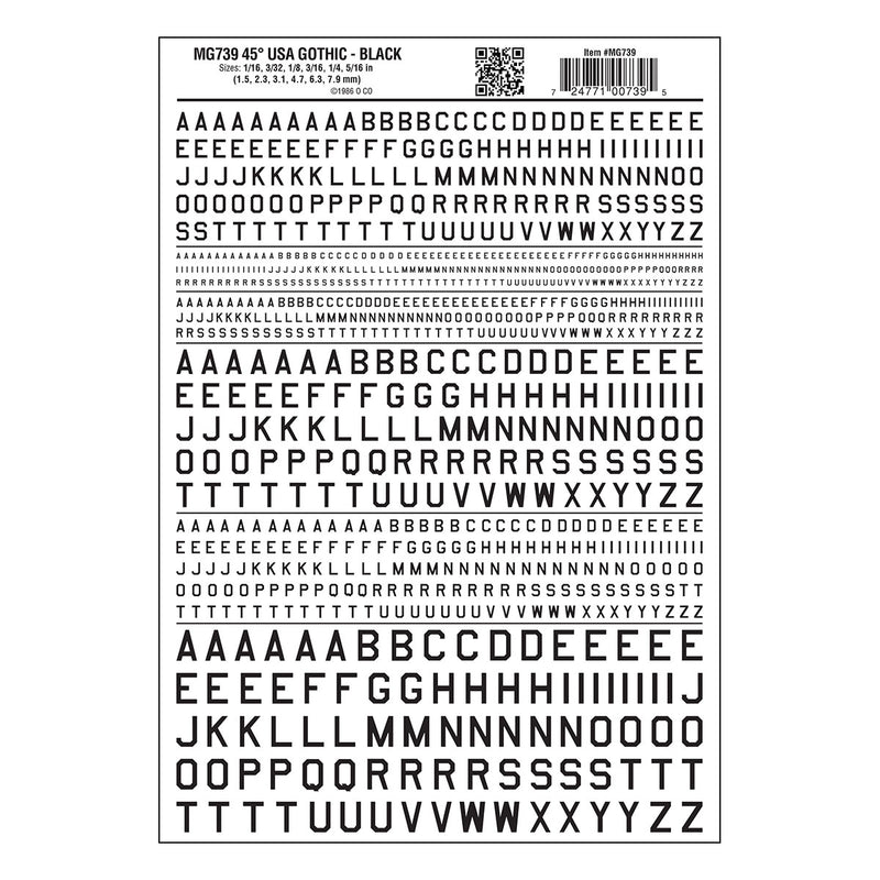 Woodland Scenics MG739 Model Graphics, Gothic 45-Degree USA Letters, Black